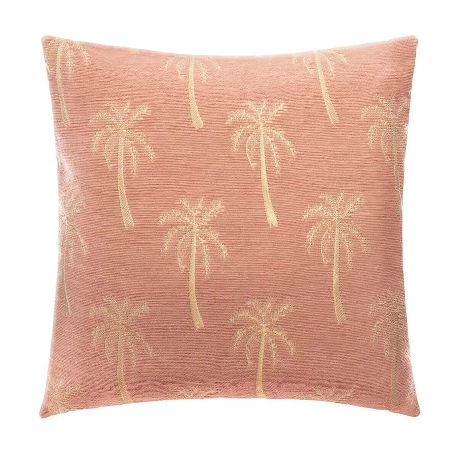 Copricuscino 40x40 cm in ciniglia rosa e beige con palme
