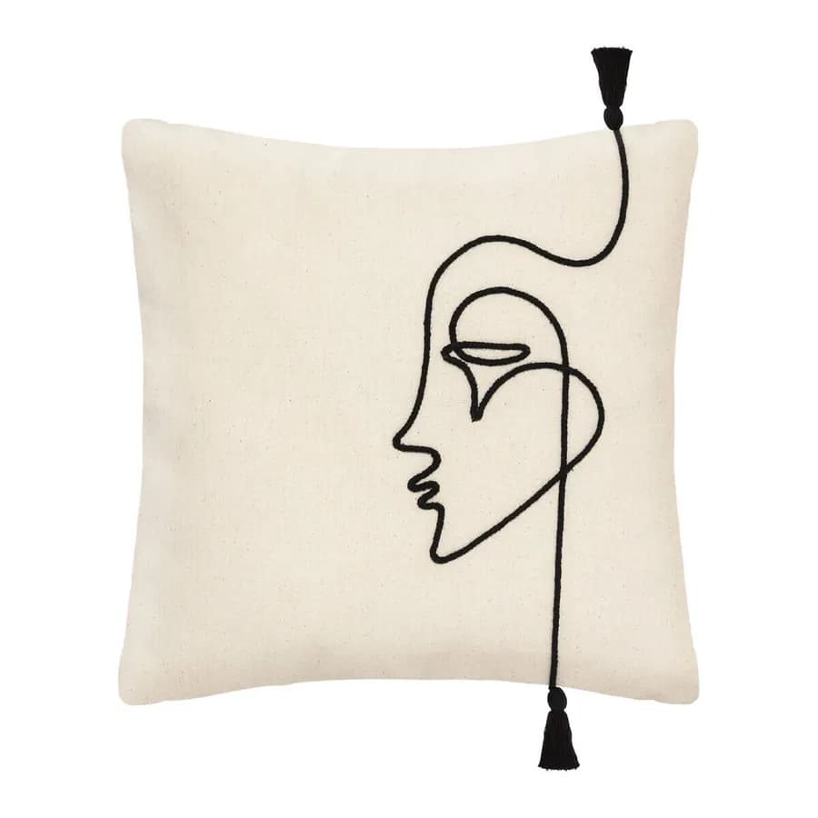 Copricuscino 40x40 cm in cotone con viso e cuori beige e nero