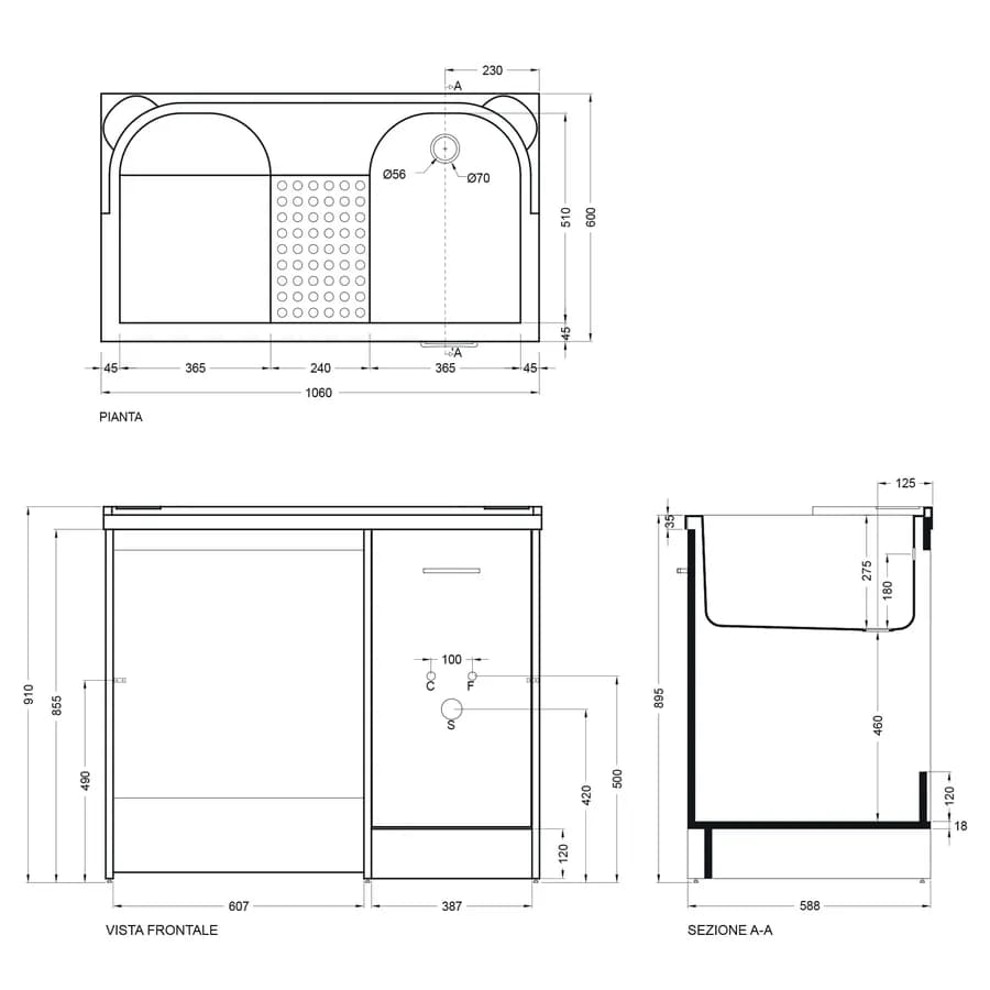 Coprilavatrice con lavapanni 106x60x90h cm vasca destra Domestica Colavene