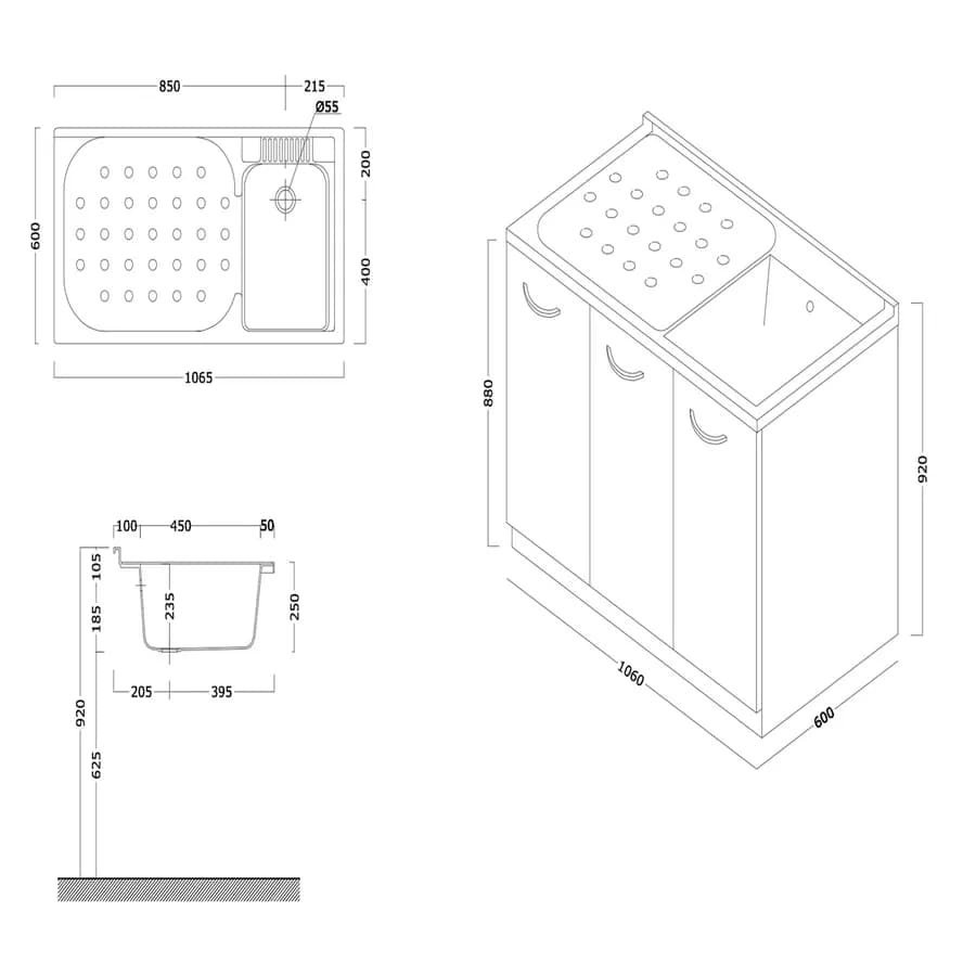 Coprilavatrice da interno 106 x 60 cm con 3 ante con asse in legno, per lavatrice a sinistra