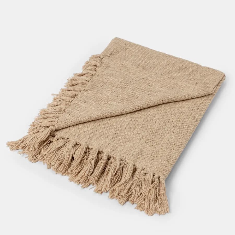 Copriletto 130x170 cm in cotone beige con frange