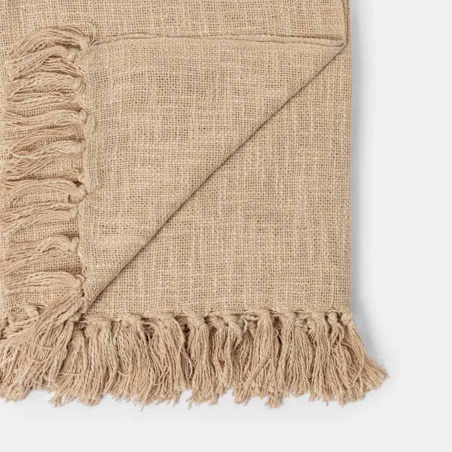 Copriletto 130x170 cm in cotone beige con frange