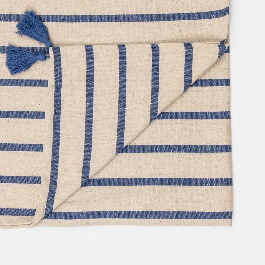 Copriletto 130x170 cm in cotone blu e bianco a strisce con frange - Bea