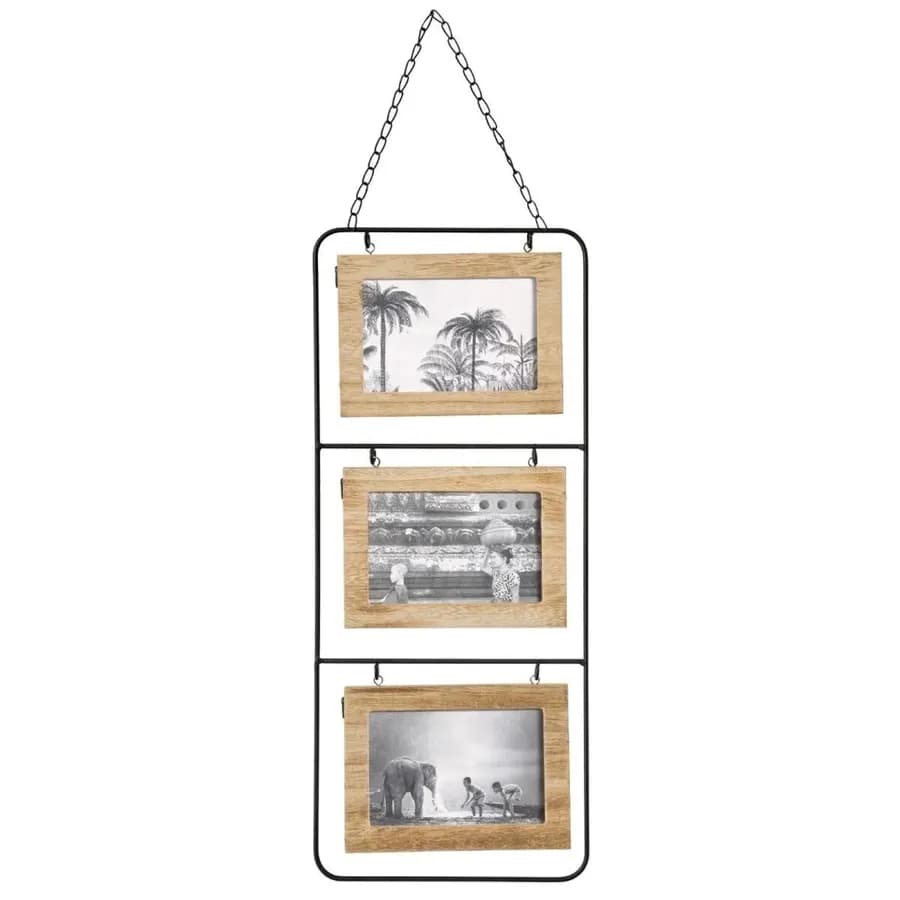 Cornice multipla 52x22 cm in legno naturale e metallo per 6 foto