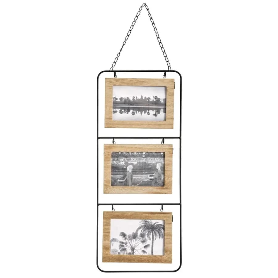 Cornice multipla 52x22 cm in legno naturale e metallo per 6 foto