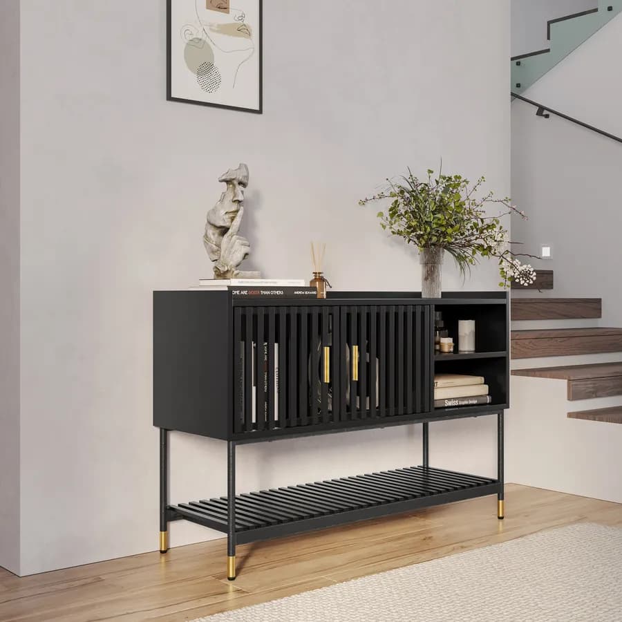 Credenza 120x80h cm con 2 ante nero opaco cannettato e gambe in acciaio con dettagli oro - Mirabel