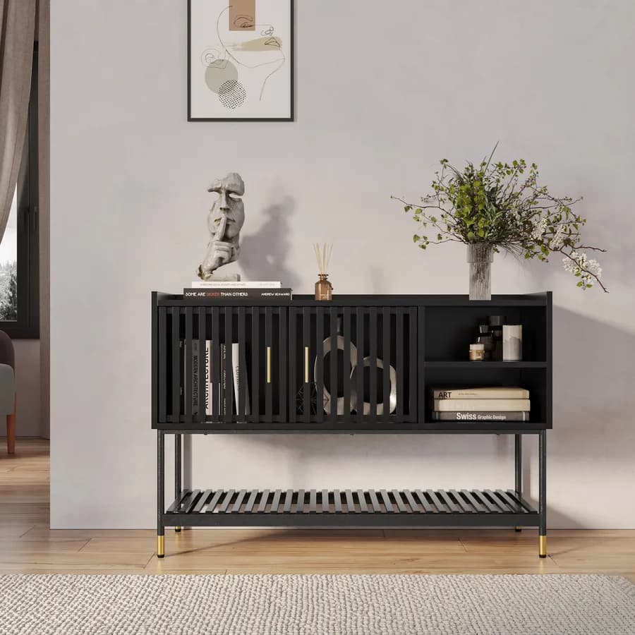 Credenza 120x80h cm con 2 ante nero opaco cannettato e gambe in acciaio con dettagli oro - Mirabel