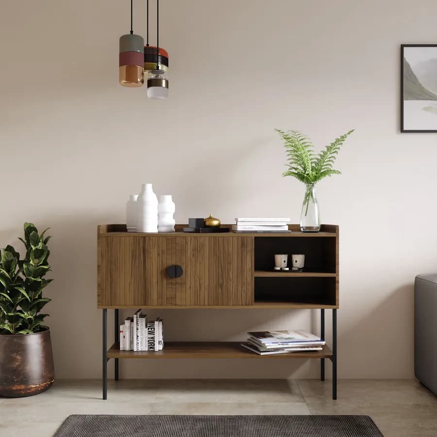 Credenza 120x87h cm con 2 ante soft close noce cannettato e gambe in metallo nero - Ozma