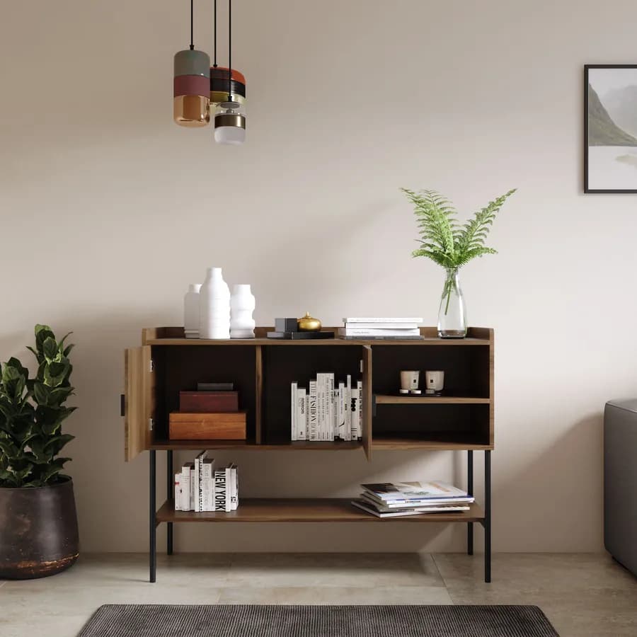 Credenza 120x87h cm con 2 ante soft close noce cannettato e gambe in metallo nero - Ozma