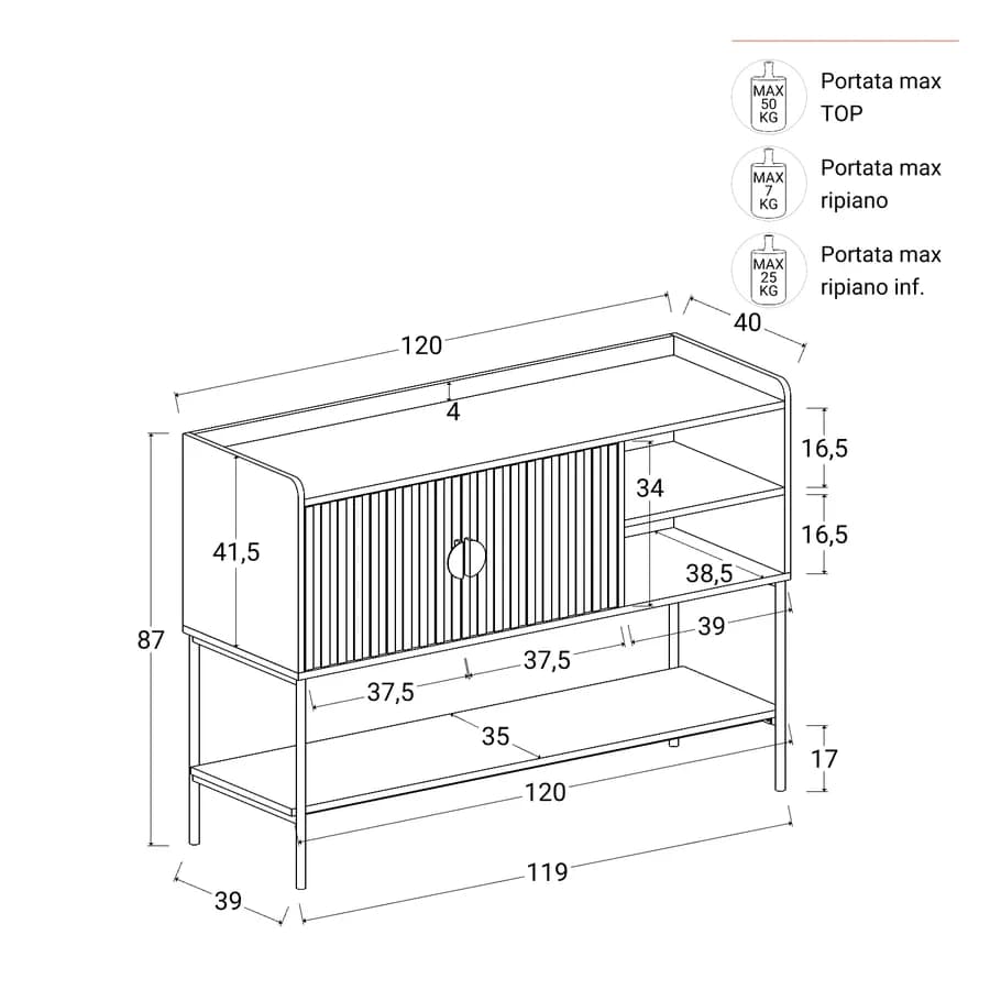 Credenza 120x87h cm con 2 ante soft close noce cannettato e gambe in metallo nero - Ozma