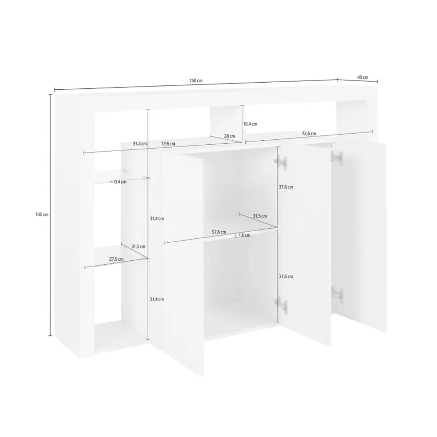 Credenza 150x100h cm con 3 ante in legno bianco laccato e opaco - Garima