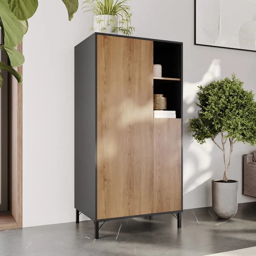 Credenza 72x144h cm effetto quercia austria e antracite con 2 ante e vani a giorno - Luky