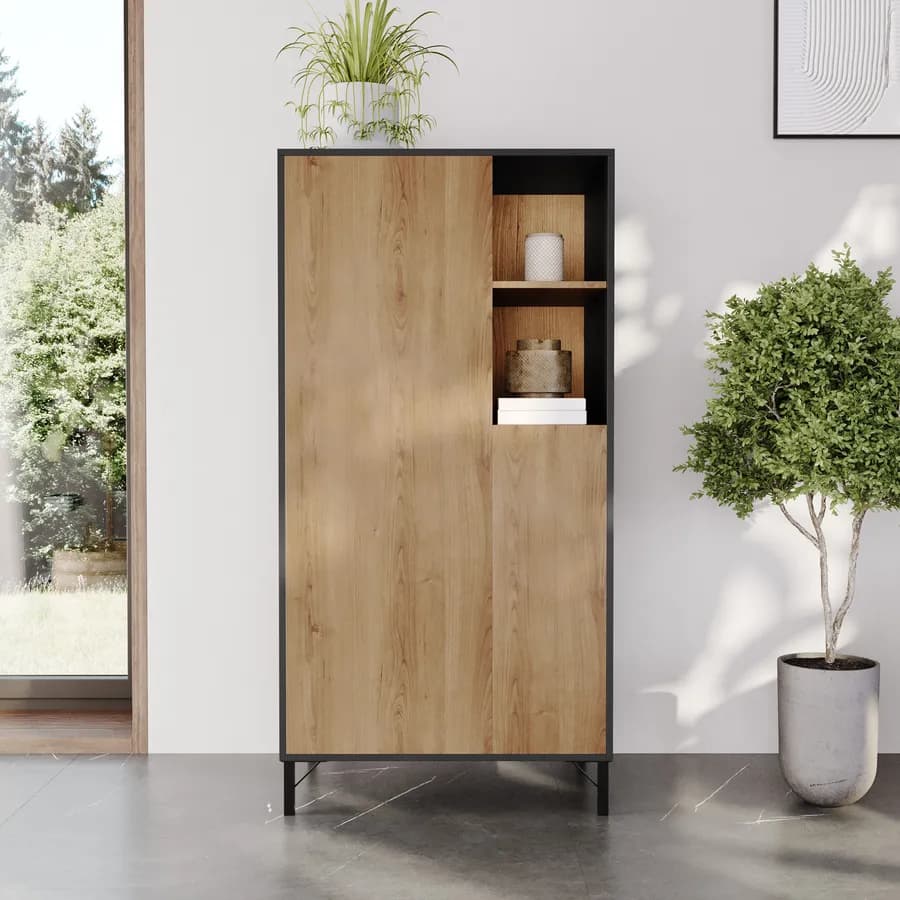 Credenza 72x144h cm effetto quercia austria e antracite con 2 ante e vani a giorno - Luky