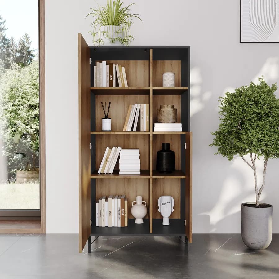 Credenza 72x144h cm effetto quercia austria e antracite con 2 ante e vani a giorno - Luky