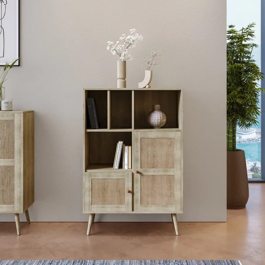 Credenza 79x124h cm in legno naturale con 3 ante in rattan e vani a giorno - Boheme