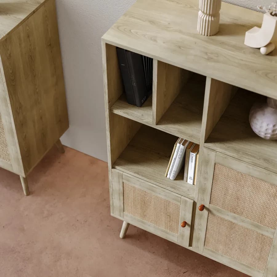 Credenza 79x124h cm in legno naturale con 3 ante in rattan e vani a giorno - Boheme