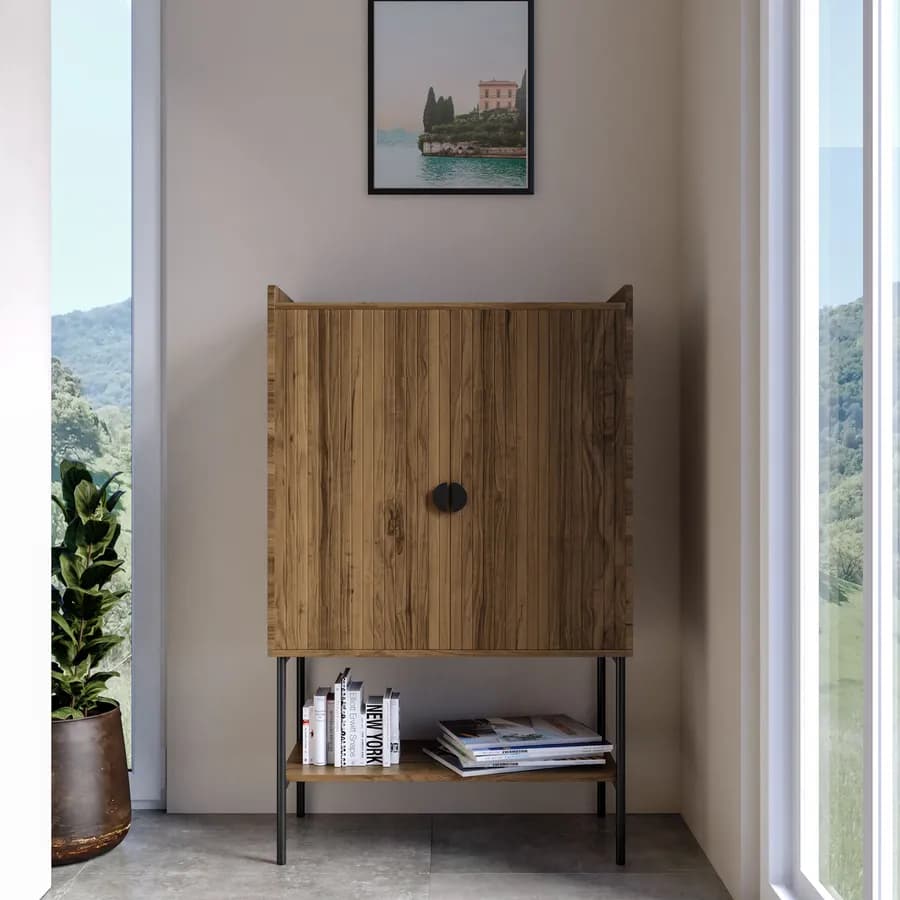 Credenza 79x127h cm con 2 ante soft close noce cannettato e gambe in metallo nero - Ozma