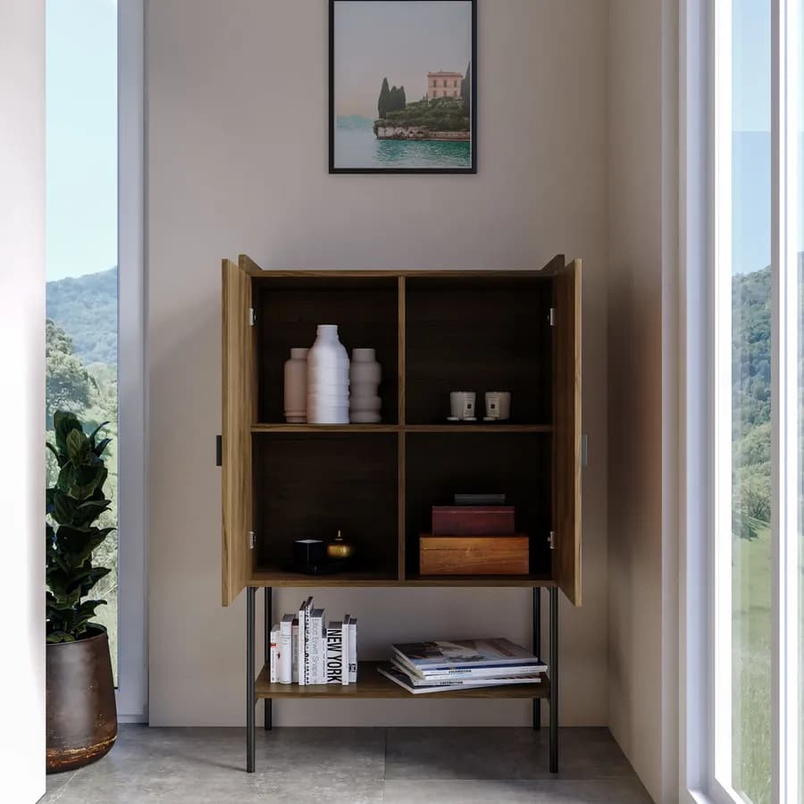 Credenza 79x127h cm con 2 ante soft close noce cannettato e gambe in metallo nero - Ozma