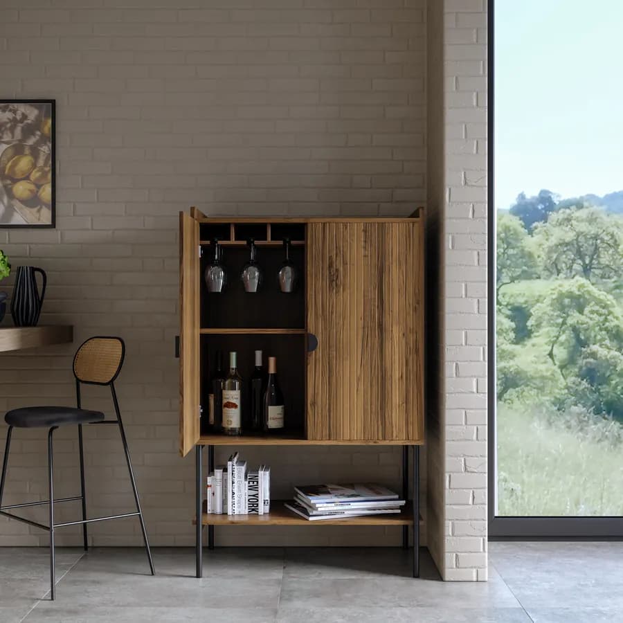 Credenza 79x127h cm con 2 ante soft close noce cannettato e portabicchieri con gambe in metallo nero - Ozma