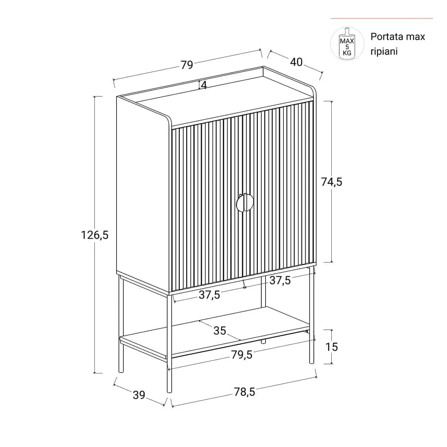 Credenza 79x127h cm con 2 ante soft close noce cannettato e portabicchieri con gambe in metallo nero - Ozma