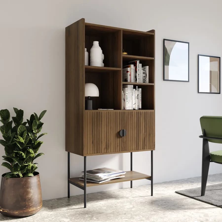 Credenza 79x166h cm con 2 ante soft close noce cannettato e gambe in metallo nero - Ozma