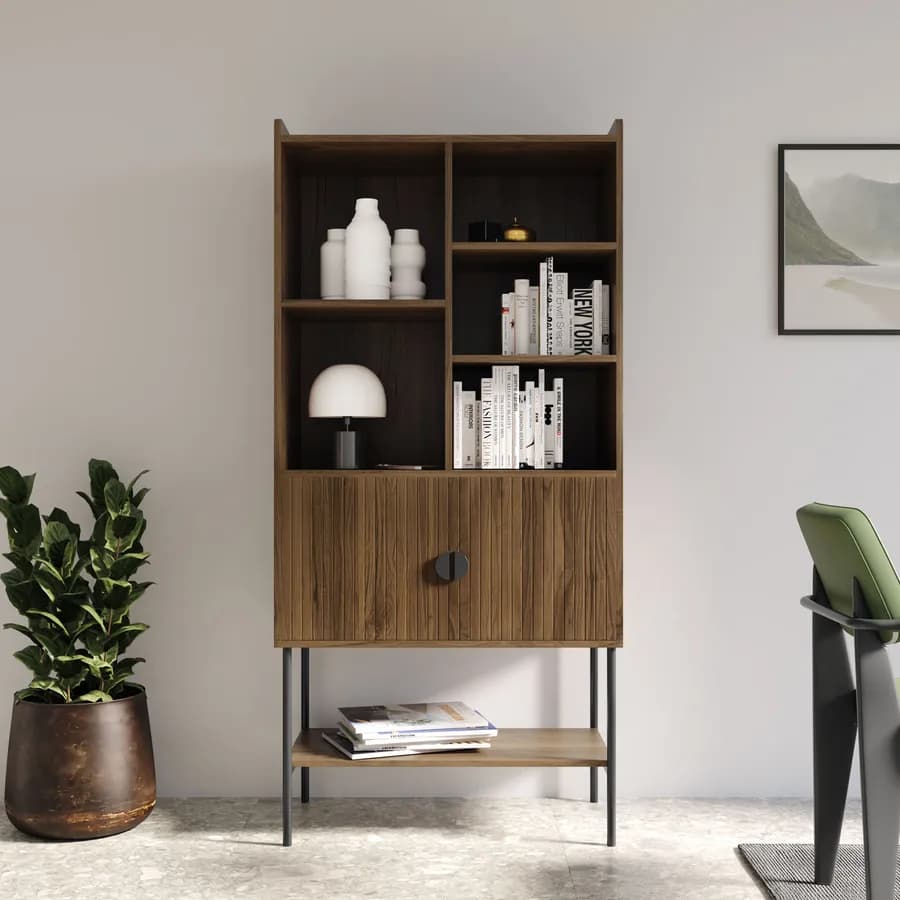Credenza 79x166h cm con 2 ante soft close noce cannettato e gambe in metallo nero - Ozma
