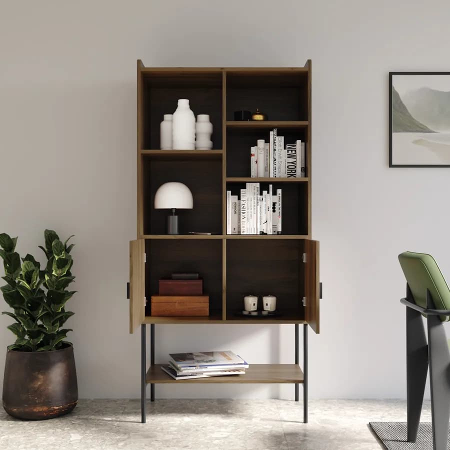 Credenza 79x166h cm con 2 ante soft close noce cannettato e gambe in metallo nero - Ozma