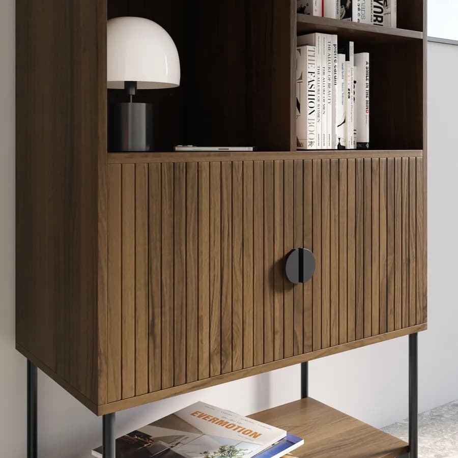 Credenza 79x166h cm con 2 ante soft close noce cannettato e gambe in metallo nero - Ozma
