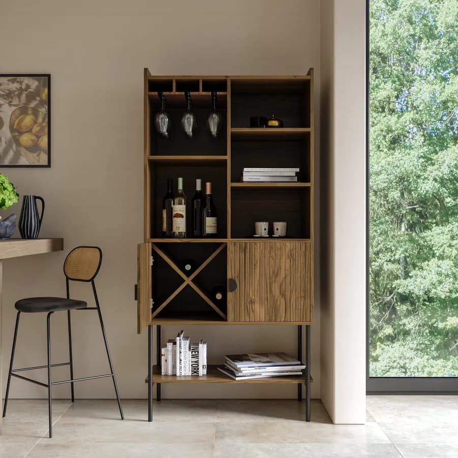 Credenza 79x166h cm con 2 ante soft close noce cannettato e portabottiglie interno con gambe in metallo nero - Ozma