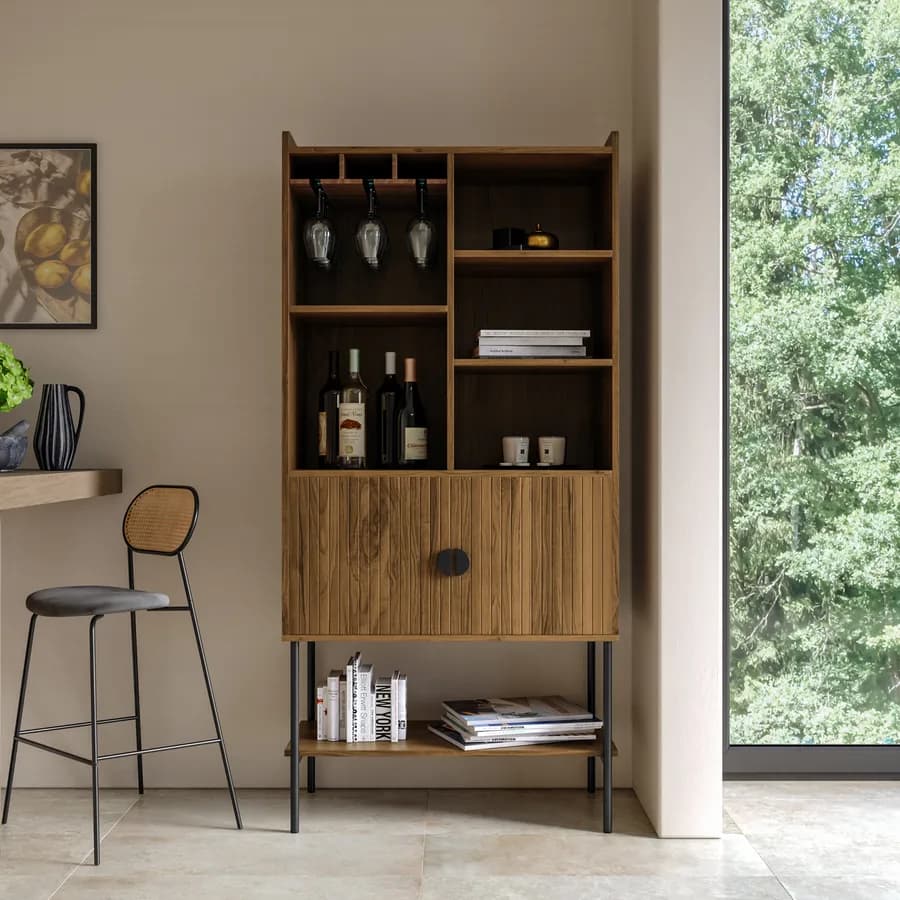 Credenza 79x166h cm con 2 ante soft close noce cannettato e portabottiglie interno con gambe in metallo nero - Ozma