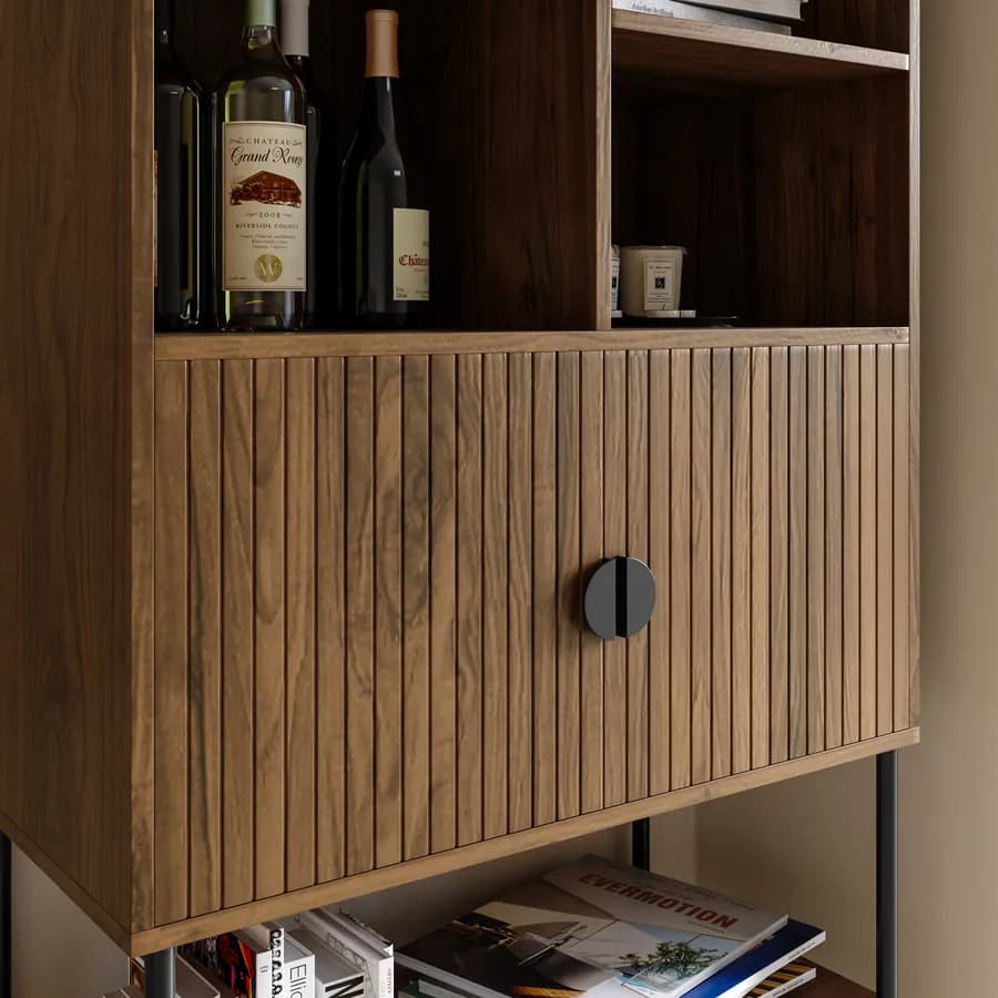Credenza 79x166h cm con 2 ante soft close noce cannettato e portabottiglie interno con gambe in metallo nero - Ozma