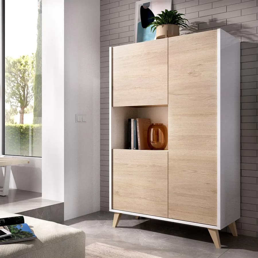 Credenza 81x135 h in legno naturale e bianco con 3 ante e vano a giorno - Eike