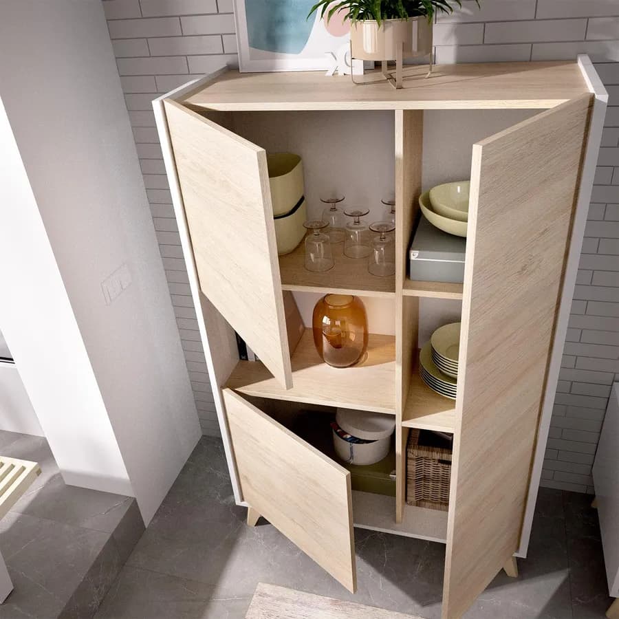 Credenza 81x135 h in legno naturale e bianco con 3 ante e vano a giorno - Eike
