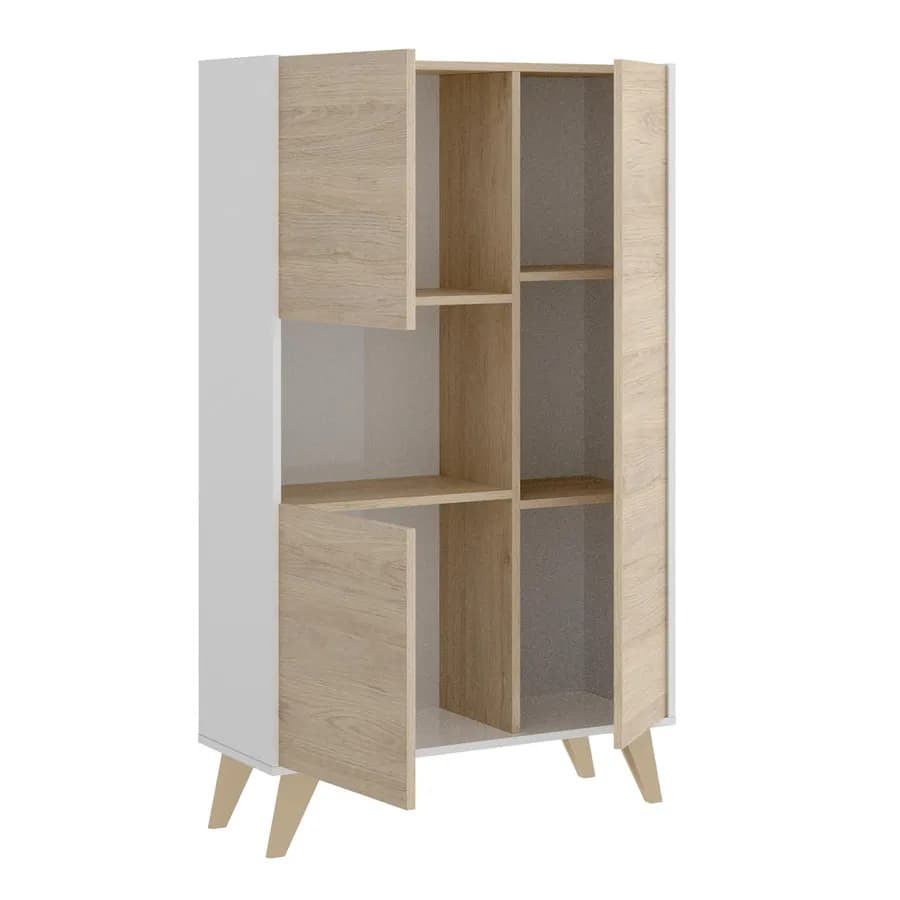 Credenza 81x135 h in legno naturale e bianco con 3 ante e vano a giorno - Eike
