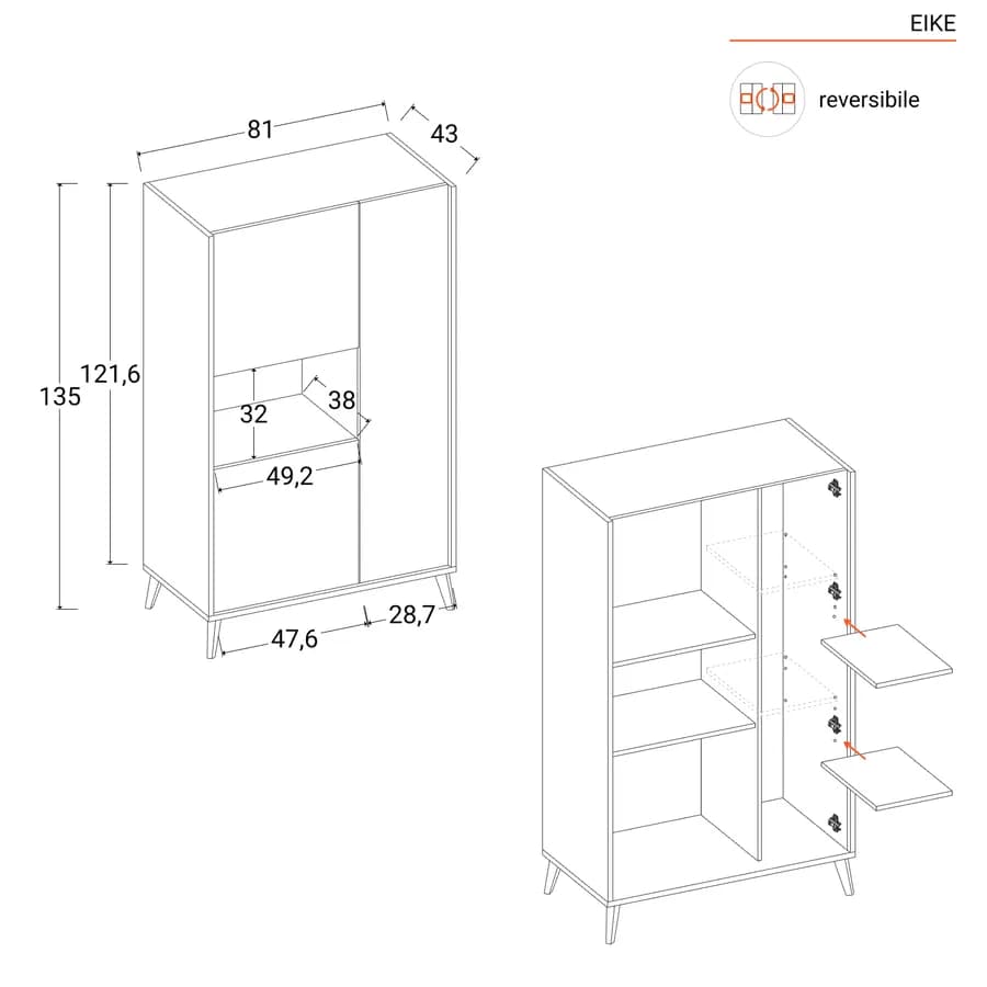 Credenza 81x135 h in legno naturale e bianco con 3 ante e vano a giorno - Eike