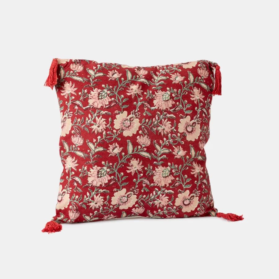 Cuscino 50x30 cm rosso in cotone a fantasia con nappine