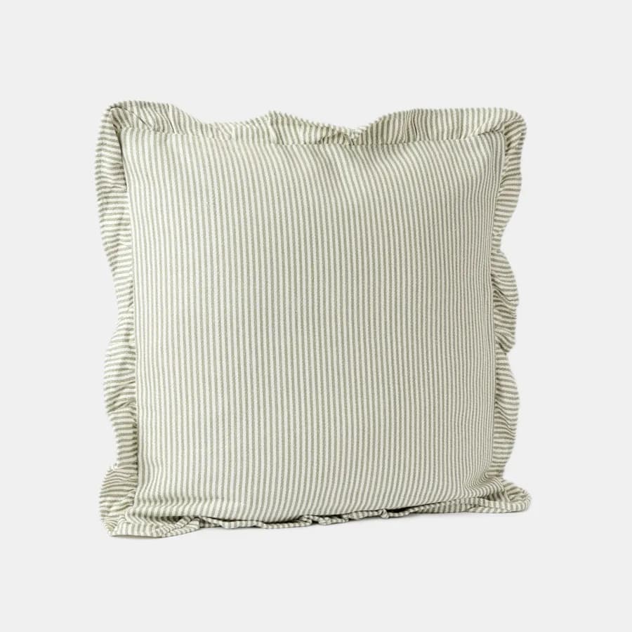 Cuscino sfoderabile 50x30 cm verde salvia in cotone a righe con volant