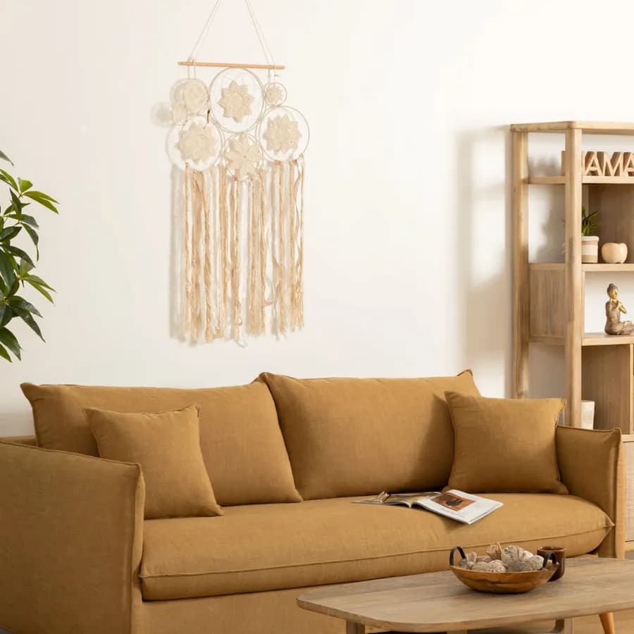 Decorazione da parete 107h cm acchiappasogni beige in legno e tessuto
