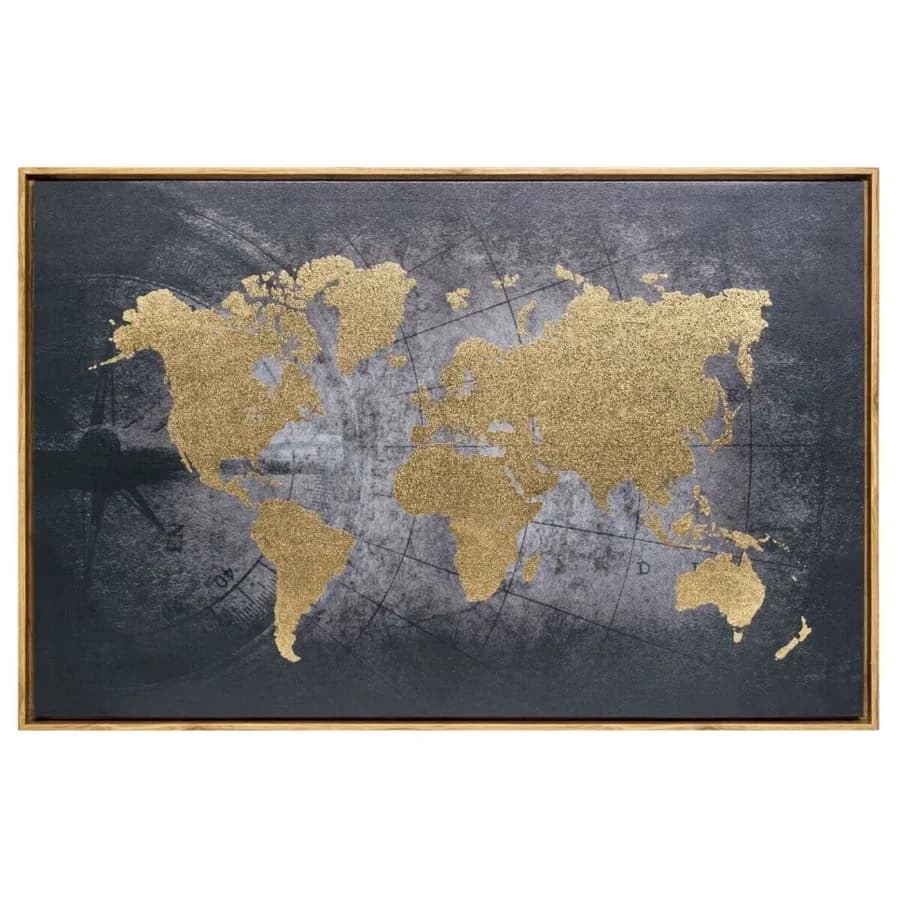 Decorazione da parete 88x58h cm mappa del mondo oro in tessuto e legno