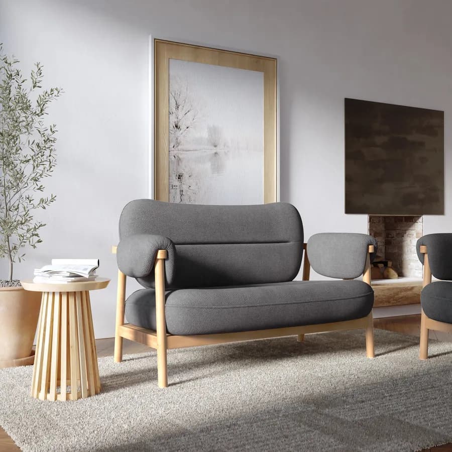 Divano 2 posti in legno con rivestimento in tessuto effetto maglia grigio scuro - Voteo