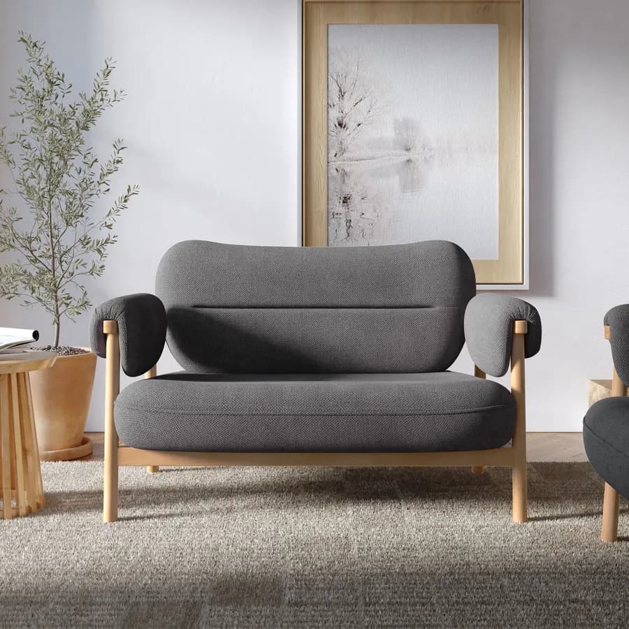 Divano 2 posti in legno con rivestimento in tessuto effetto maglia grigio scuro - Voteo