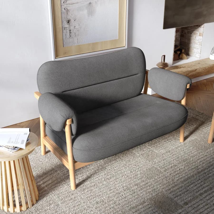 Divano 2 posti in legno con rivestimento in tessuto effetto maglia grigio scuro - Voteo