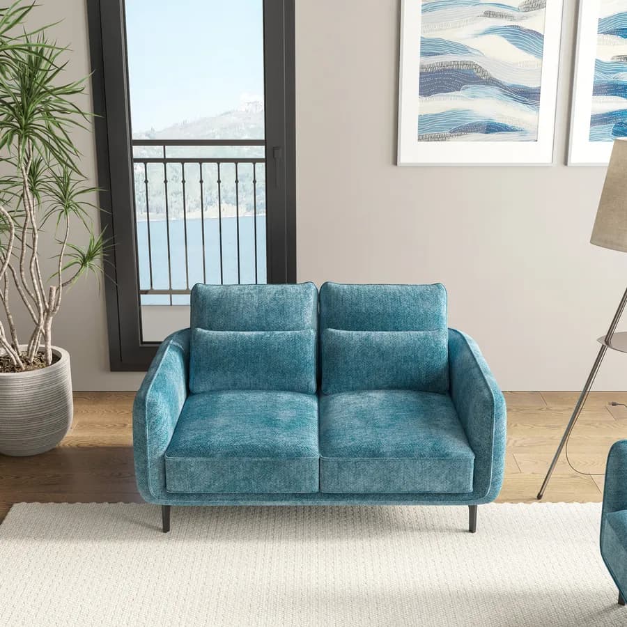 Divano 2 posti in tessuto ciniglia blu petrolio con gambe in metallo nero - Orizo