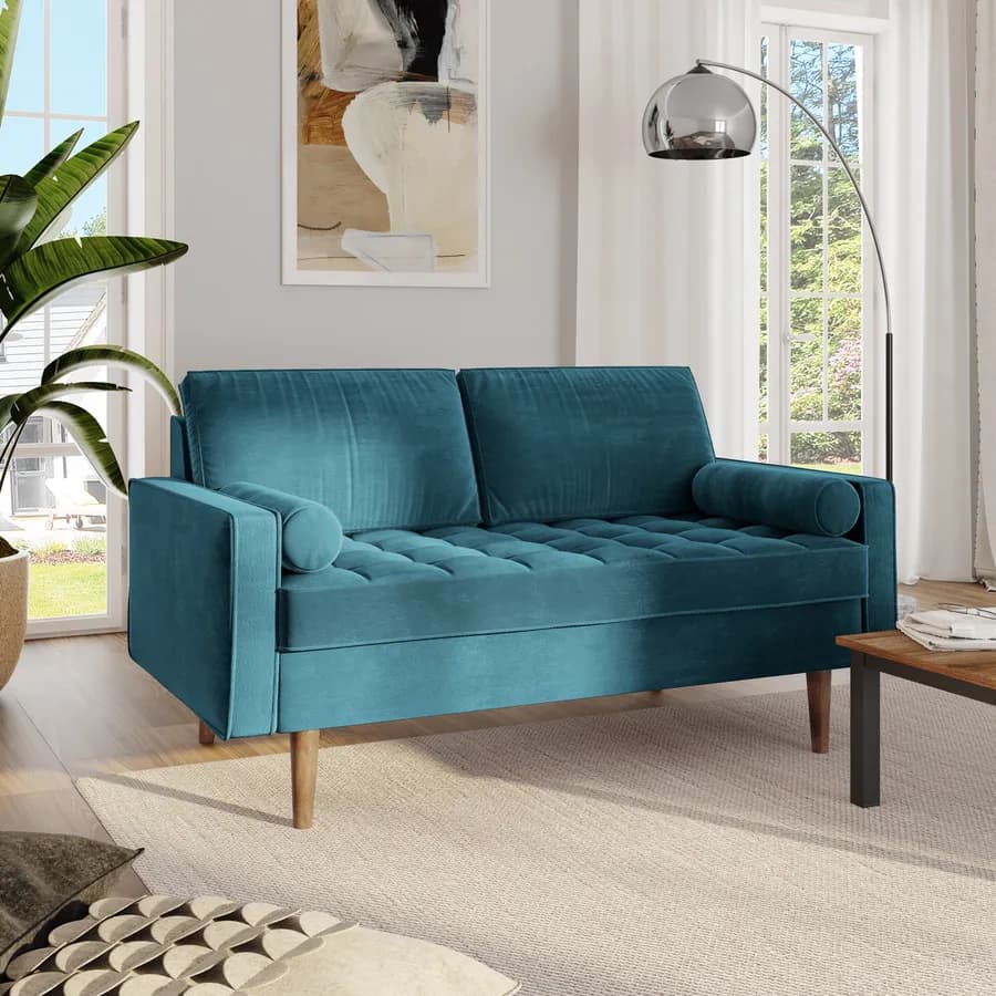 Divano 2 posti in velluto blu petrolio con gambe in legno - Bond