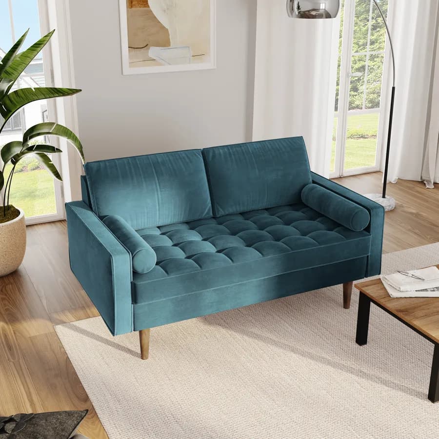Divano 2 posti in velluto blu petrolio con gambe in legno - Bond