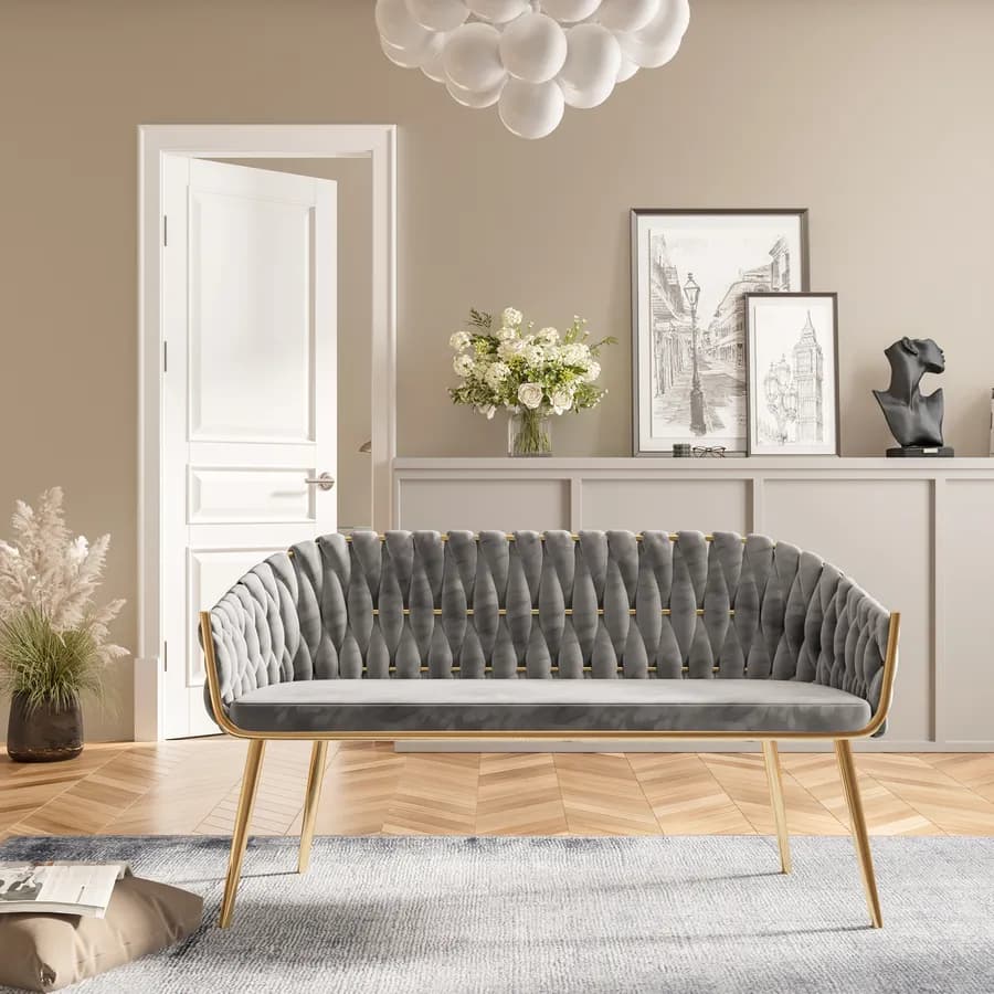 Divano 2 posti in velluto grigio fumo intrecciato e gambe oro - Intrigue