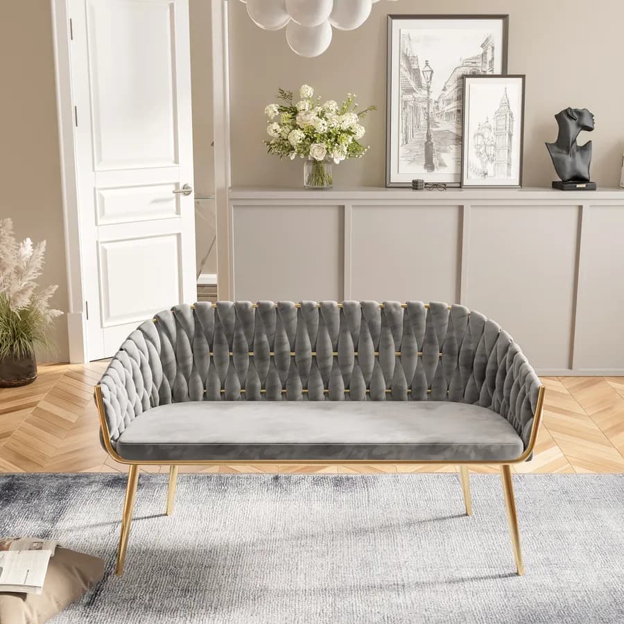 Divano 2 posti in velluto grigio fumo intrecciato e gambe oro - Intrigue