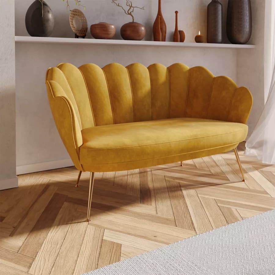 Divano 2 posti in velluto senape gambe oro - Oden