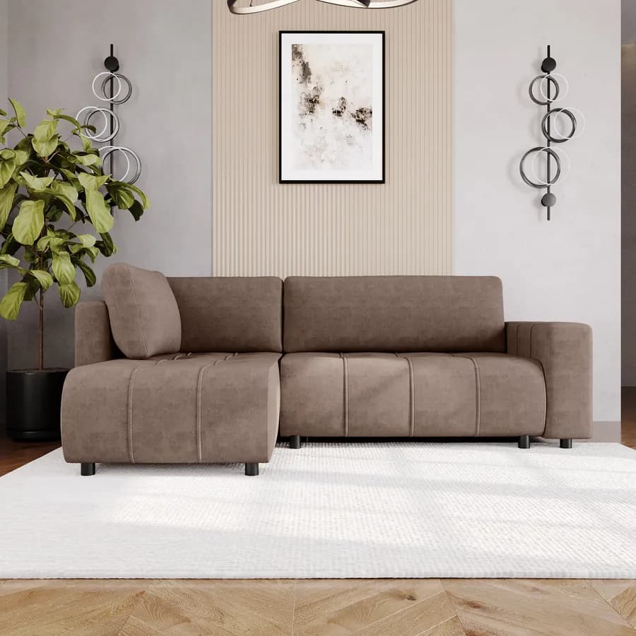 Divano letto 3 posti in tessuto ciniglia tortora scuro con chaise longue a sinistra - Wellington