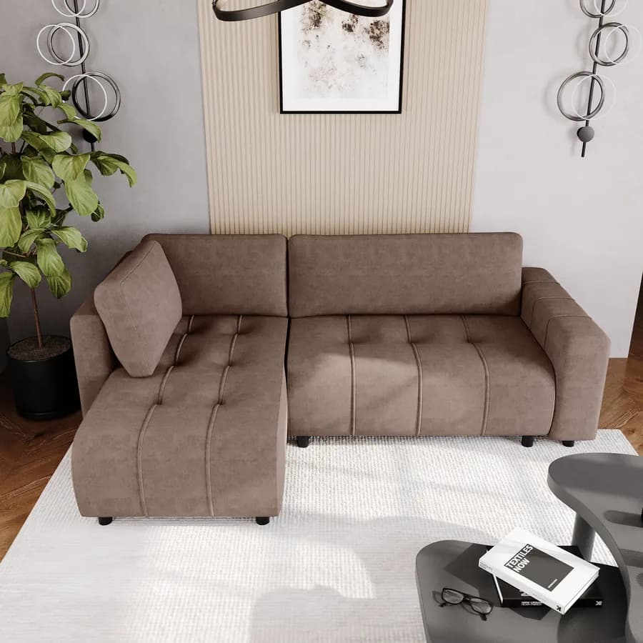 Divano letto 3 posti in tessuto ciniglia tortora scuro con chaise longue a sinistra - Wellington